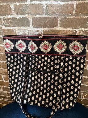 Retired Vera Bradley Black Tote Bag with Red & Cream Medallions